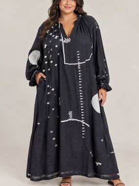 World of Crow Women's Whimsy Flared Dress Sz 4X Black Abstract Lagenlook